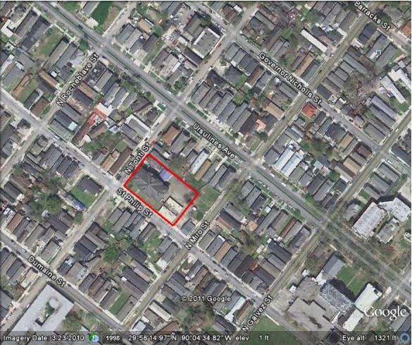 Marked aerial photograph showing the location of George O. Mondy Elementary School