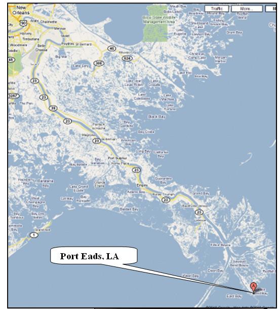 Map locating Port Eads at the mouth of the Mississippi River